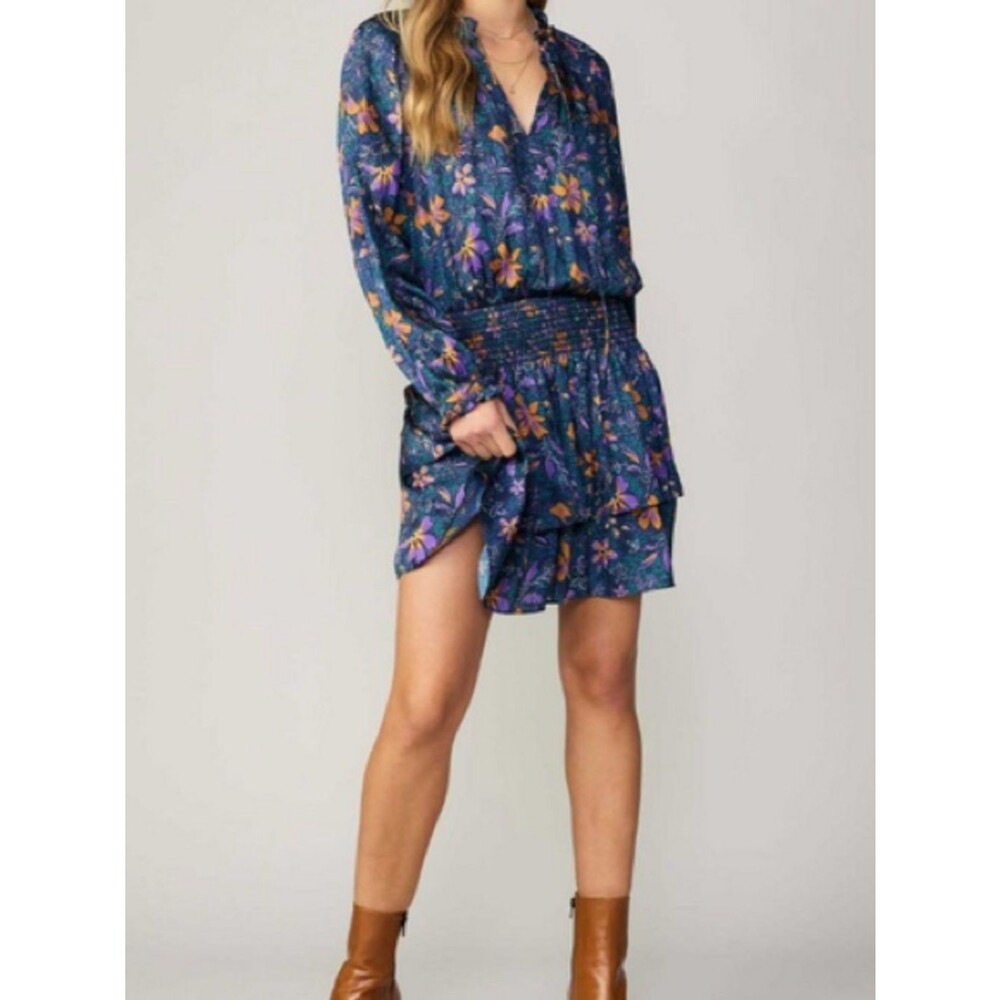 Current Air Blue Floral Long-Sleeve Smocked Waist Mini Dress